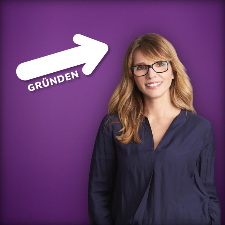 violetter Hintergrund mit Bild von einer Frau und Schriftzug gründen