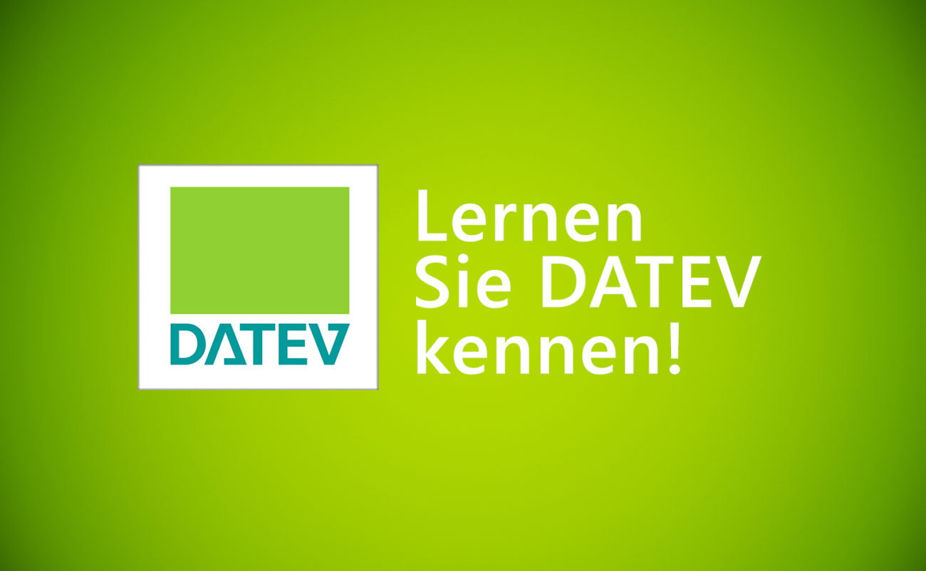 grüner Hintergrund mit DATEV Logo und Schrift Lernen Sie DATEV kennen!