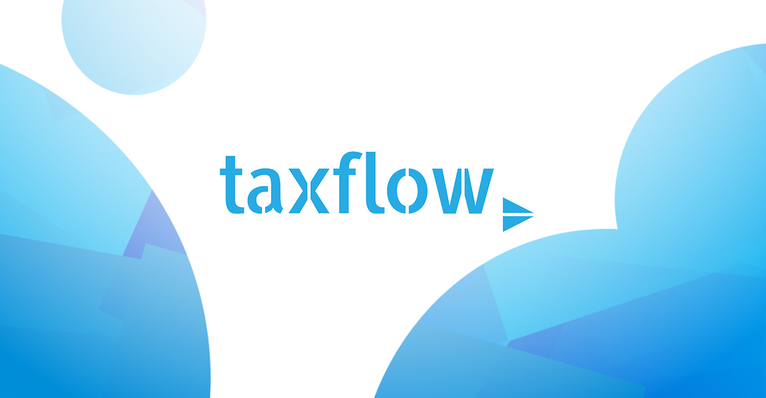blaue Kreise auf weißem Hintergrund mit taxflow Logo